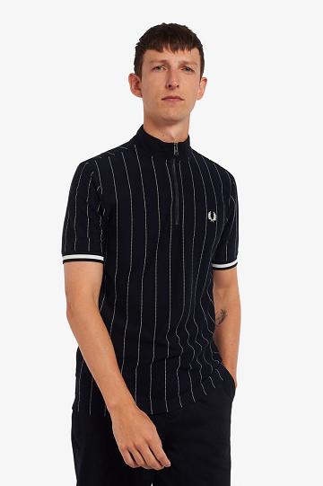 Koszule Fred Perry Fine Stripe Funnel Neck Polo Męskie Granatowe | PL 1496WNBY